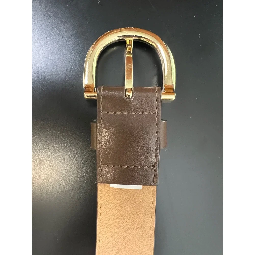 Classic Brown Faux Leather Belt Gold Horseshoe Buckle 49 Inch Total Length‎